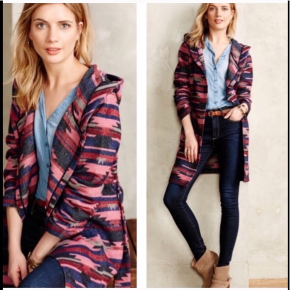 ANTHROPOLOGIE hooded coat jacket pink tribal